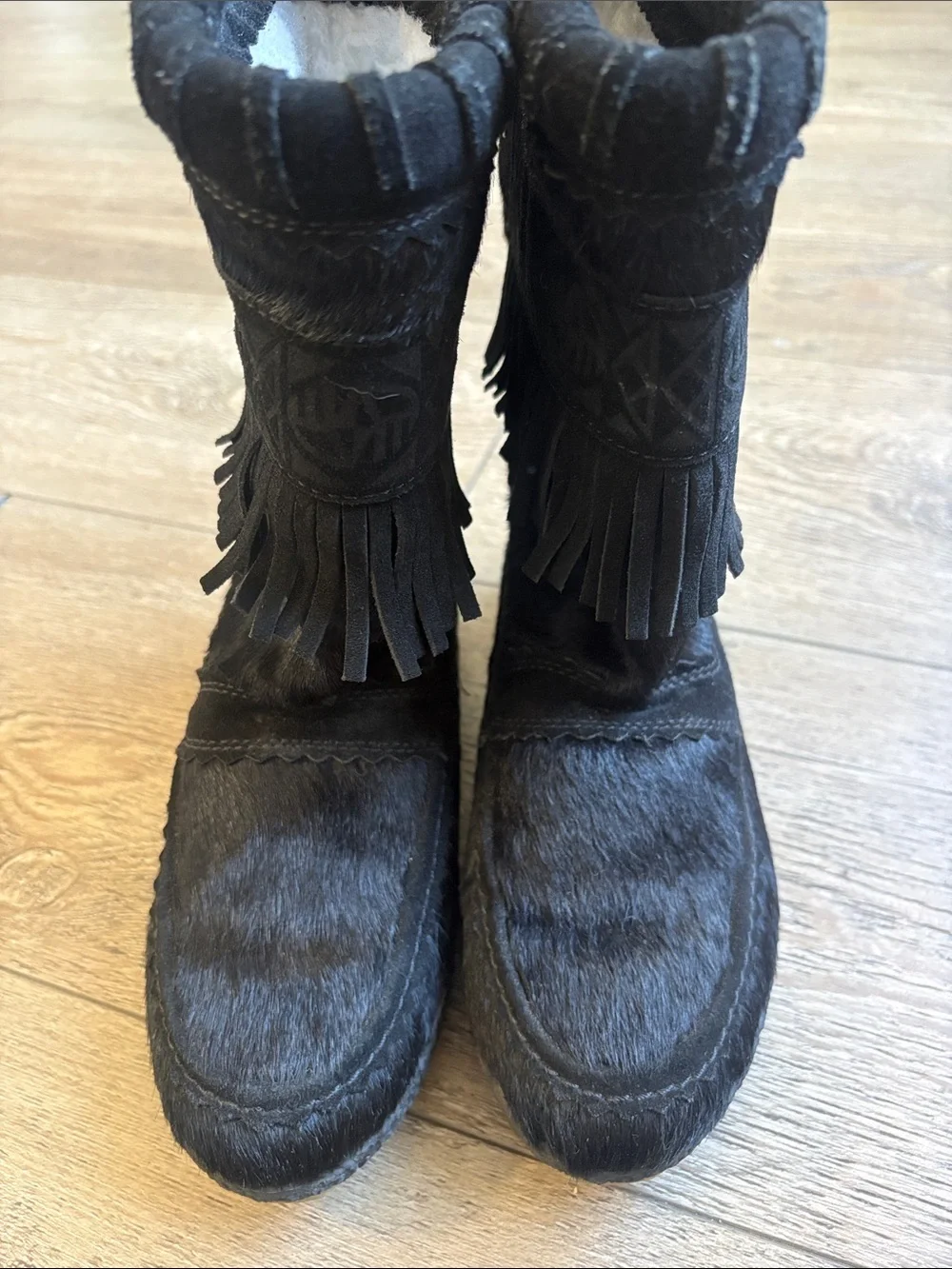 Tecnica Black Pony hair & Leather Fringe Winter Boots w Patterned Strap Details
